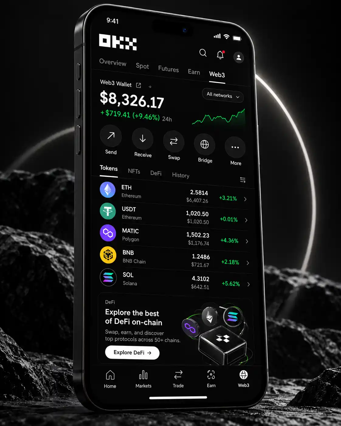 欧易 OKX Web3 钱包移动端界面,展示多链代币与链上功能
