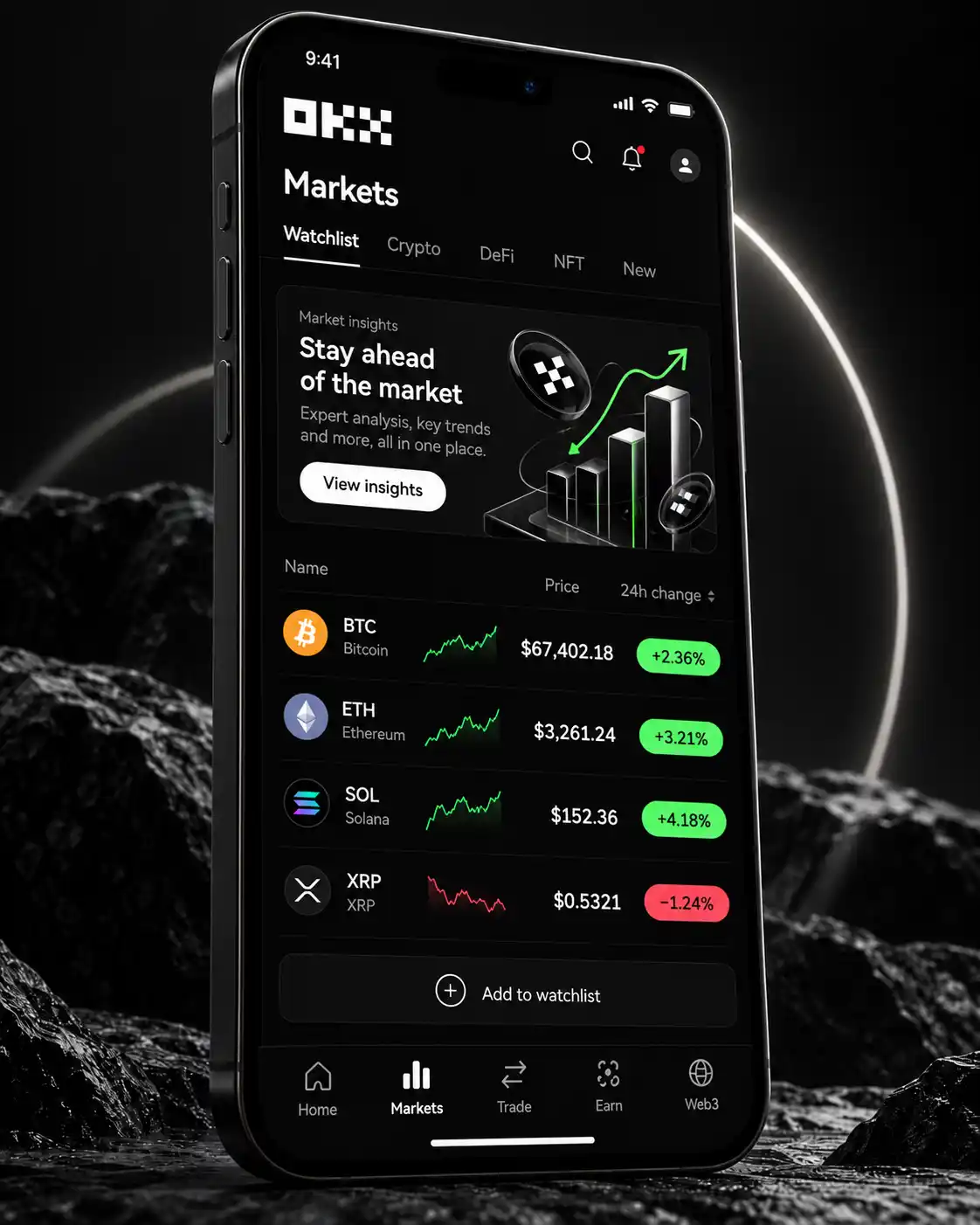 欧易 OKX 行情页面截图，包含 BTC、ETH、SOL 与 XRP 资产列表