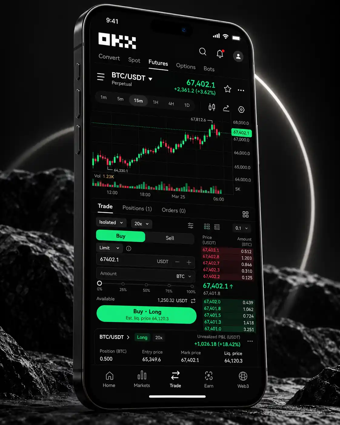 欧易 OKX BTC USDT 交易界面截图，展示 K 线与订单面板