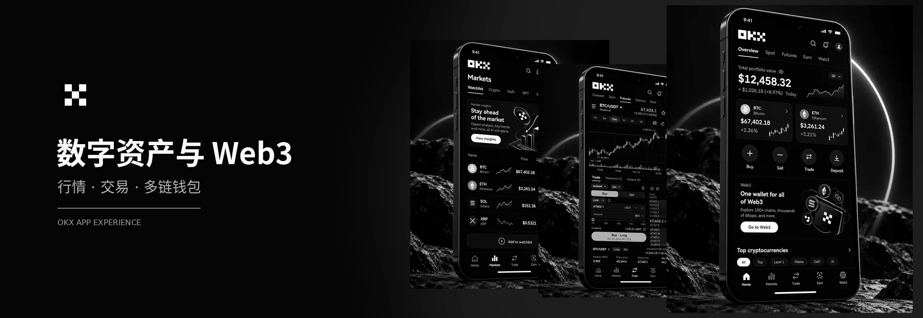欧易 OKX 多个移动端应用界面的黑白组合展示